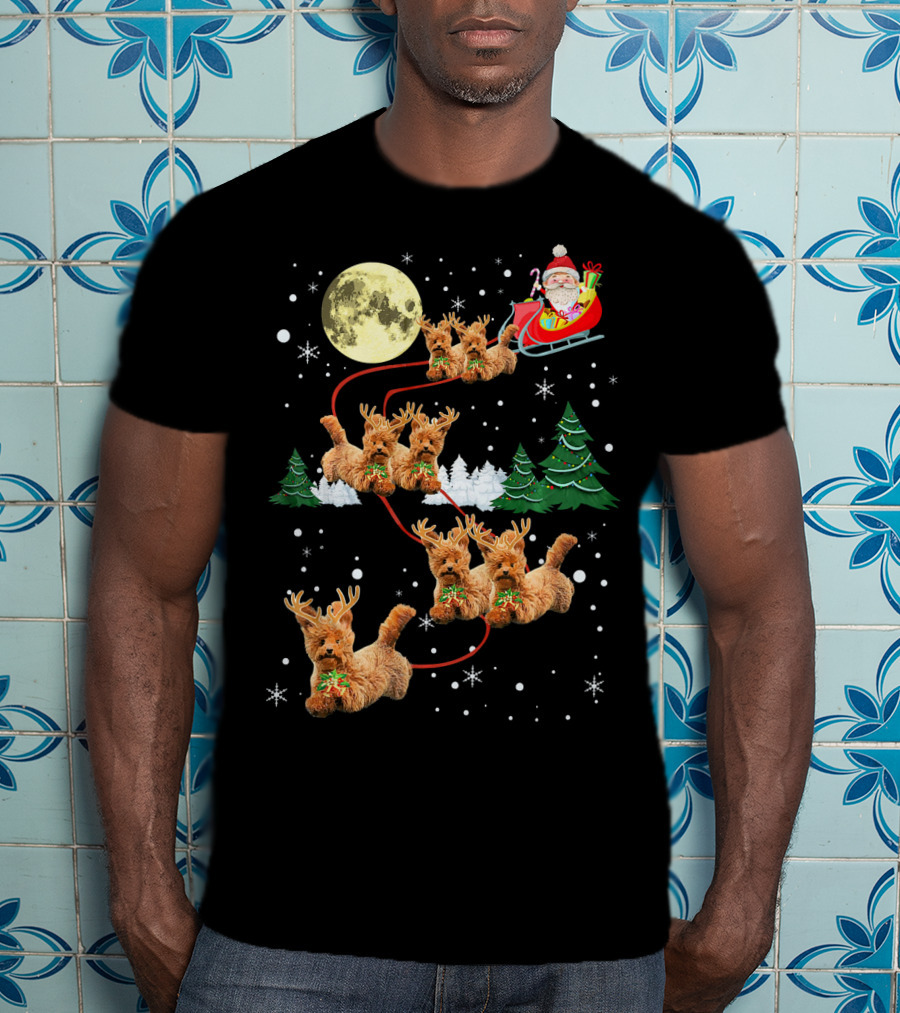 Funny Reindeer Dogs With Santa Sleigh Under Full Moon T-Shirt