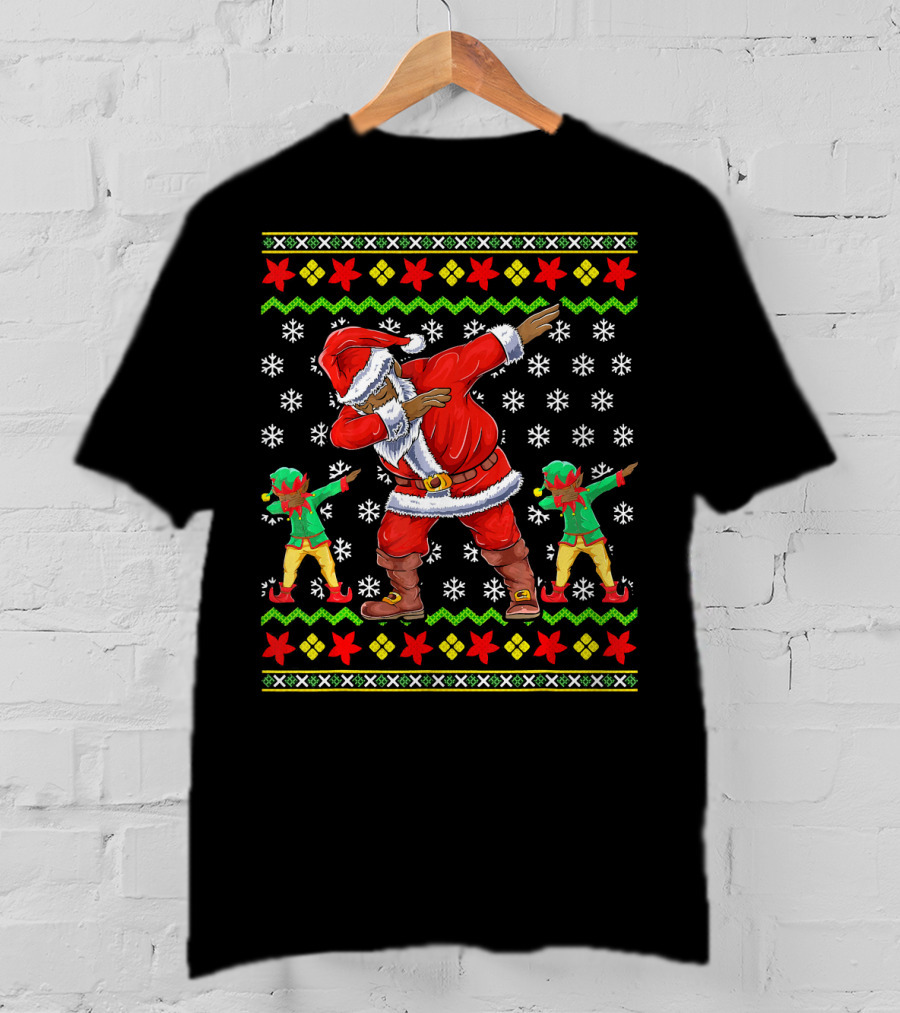 Christmas African American Dabbing Santa With Elves T-Shirt
