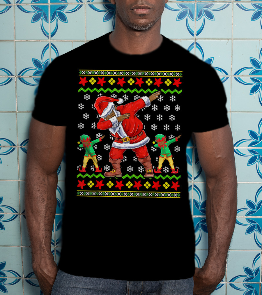 Christmas African American Dabbing Santa With Elves T-Shirt