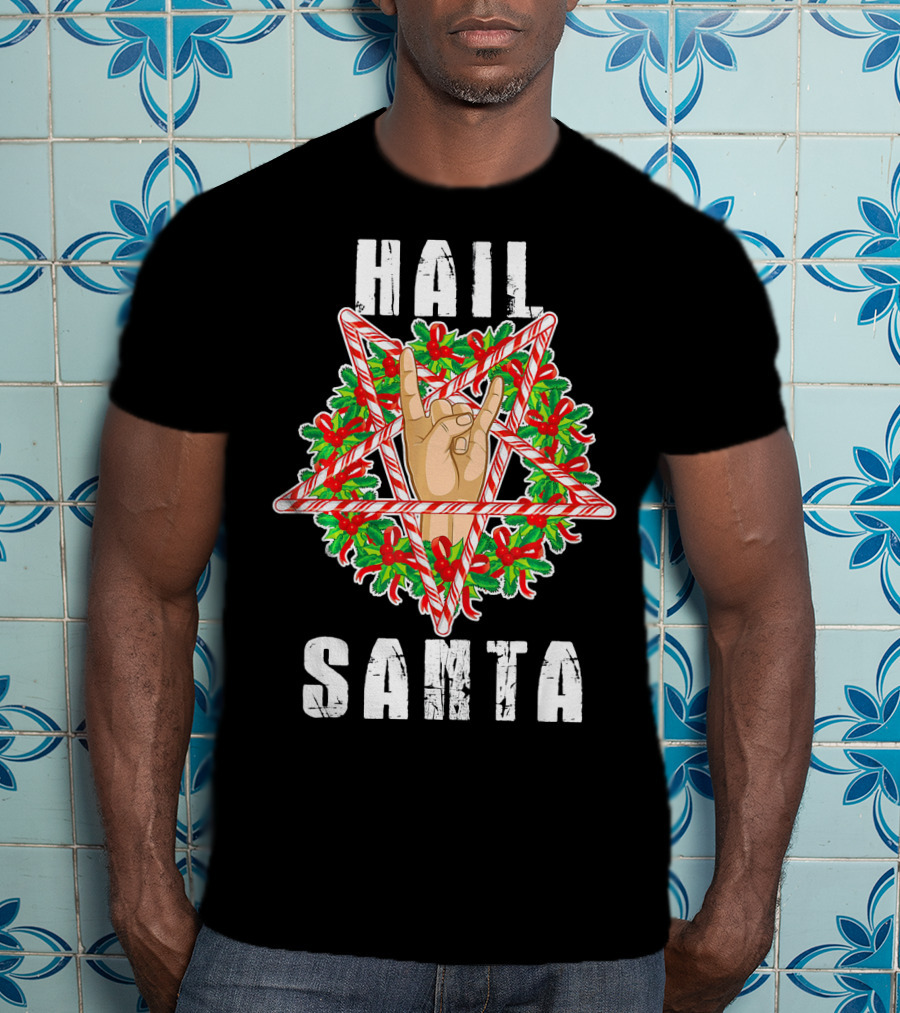 Hail Santa Candy Cane Wreath Hand Sign T-Shirt