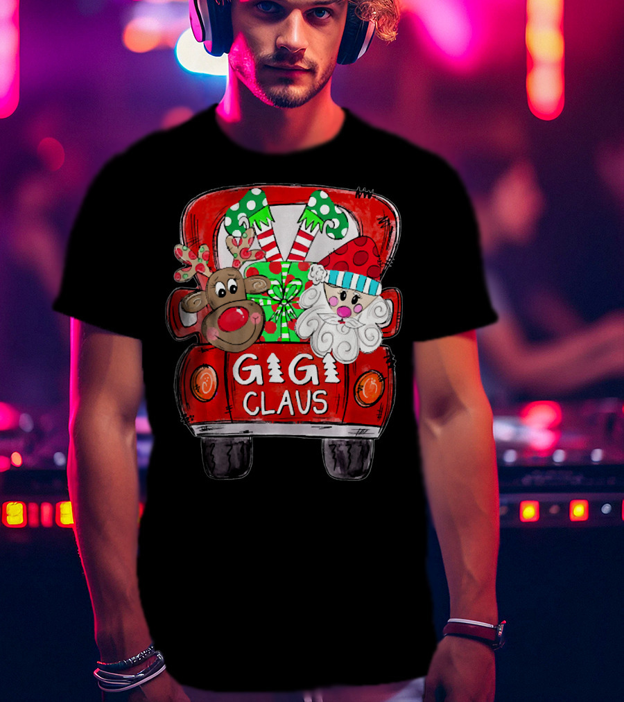 GiGi Claus Christmas Red Truck Reindeer With Gifts And Candy Canes T-Shirt