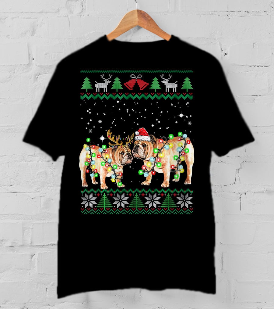 Bulldog Ugly Christmas Sweater With Santa Hat And Reindeer Antlers T-Shirt