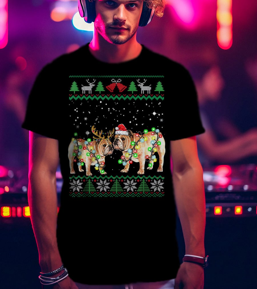 Bulldog Ugly Christmas Sweater With Santa Hat And Reindeer Antlers T-Shirt