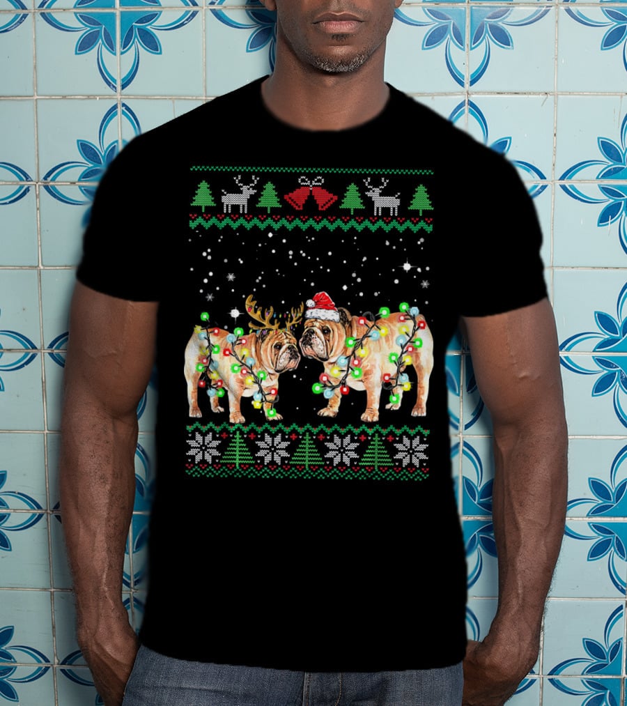 Bulldog Ugly Christmas Sweater With Santa Hat And Reindeer Antlers T-Shirt