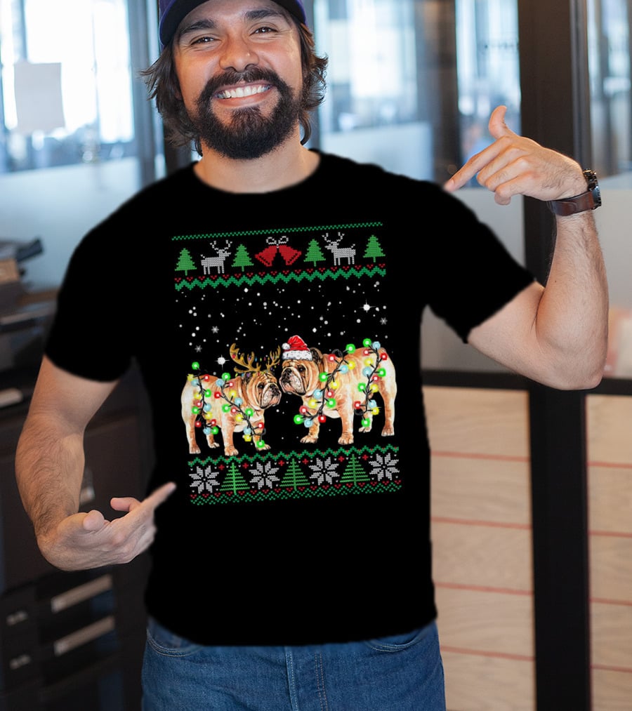 Bulldog Ugly Christmas Sweater With Santa Hat And Reindeer Antlers T-Shirt