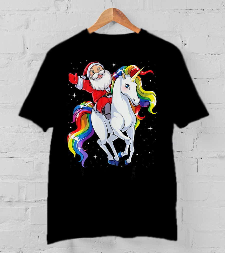 Santa Riding Magical Rainbow Unicorn T-Shirt