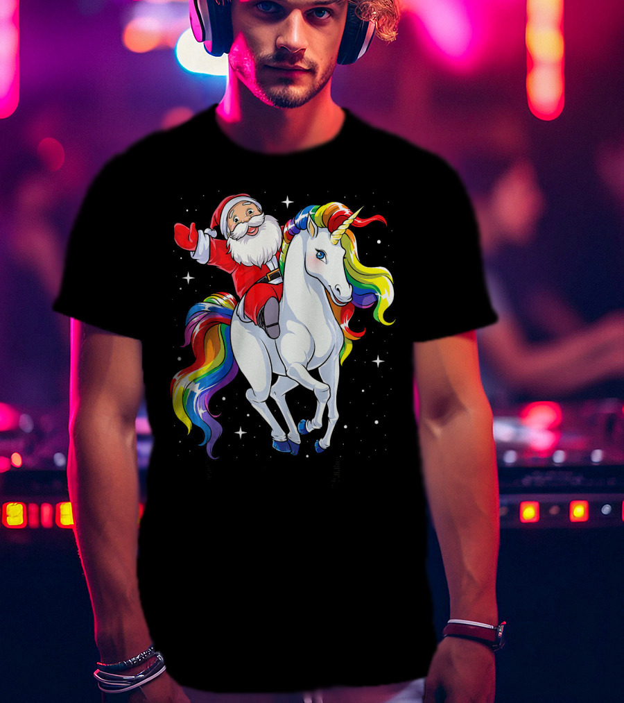 Santa Riding Magical Rainbow Unicorn T-Shirt