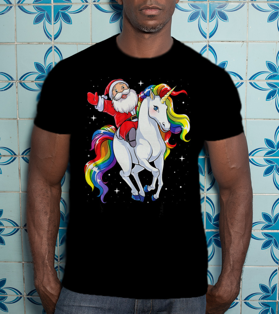 Santa Riding Magical Rainbow Unicorn T-Shirt