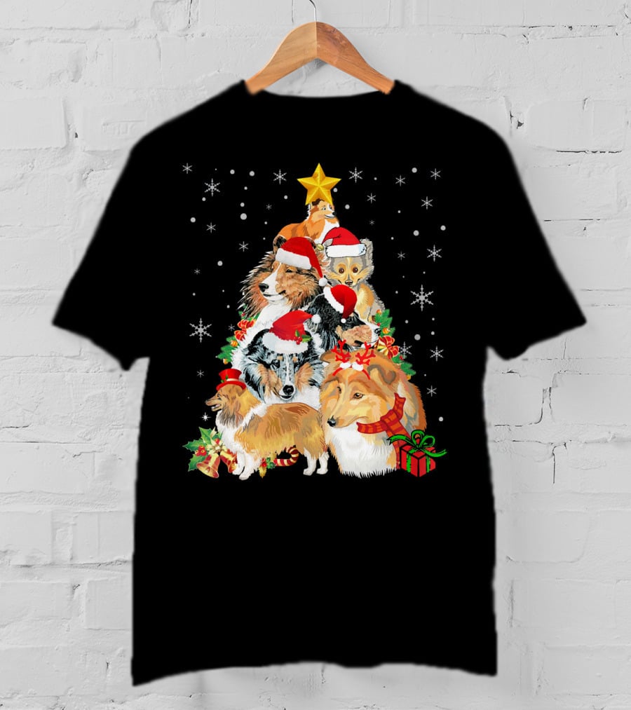 Sheltie Dogs In Santa Hats Forming Christmas Tree With Stars And Gifts T-Shirt