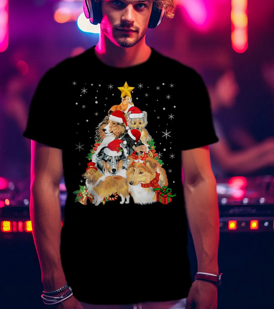 Sheltie Dogs In Santa Hats Forming Christmas Tree With Stars And Gifts T-Shirt