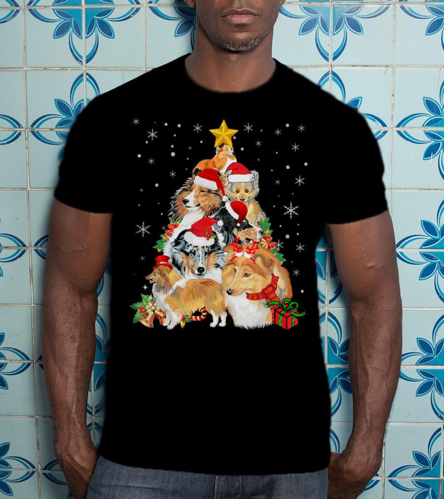 Sheltie Dogs In Santa Hats Forming Christmas Tree With Stars And Gifts T-Shirt