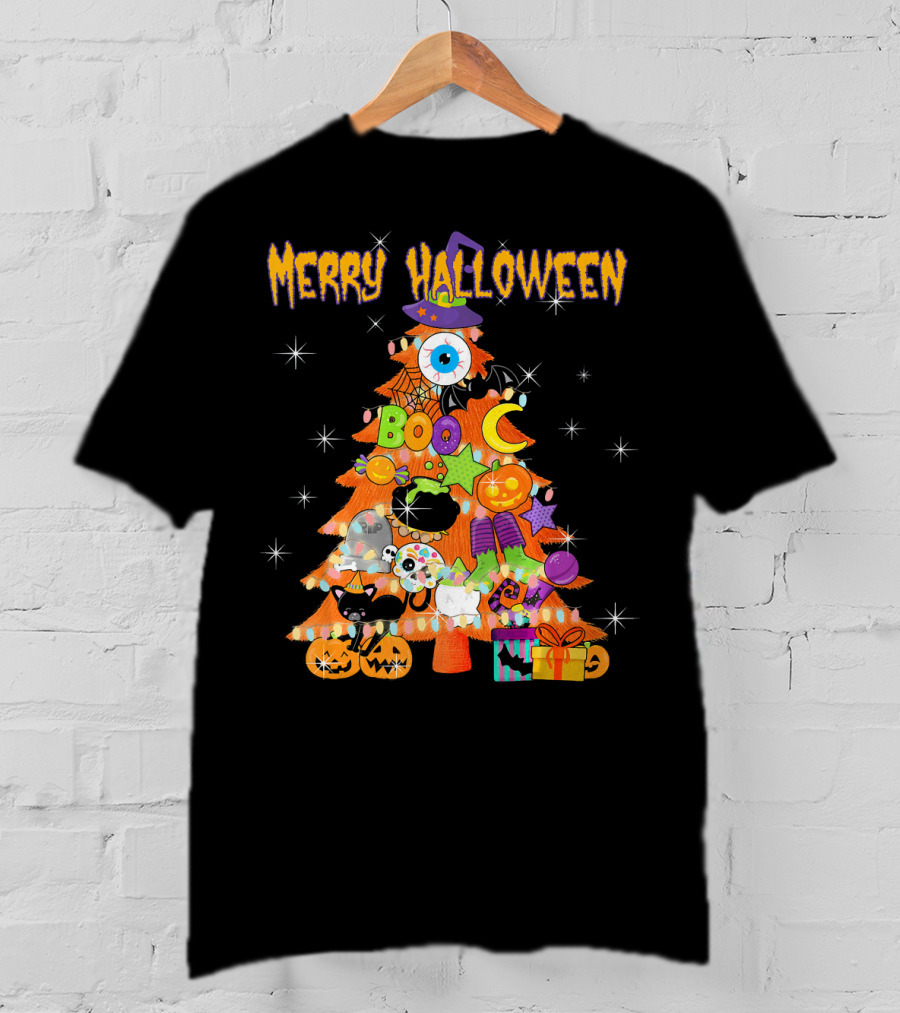 Merry Halloween Tree With Cute Boo Decorations And Spooky Elements T-Shirt