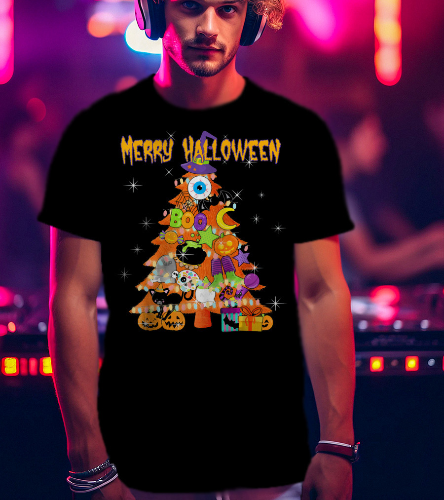 Merry Halloween Tree With Cute Boo Decorations And Spooky Elements T-Shirt