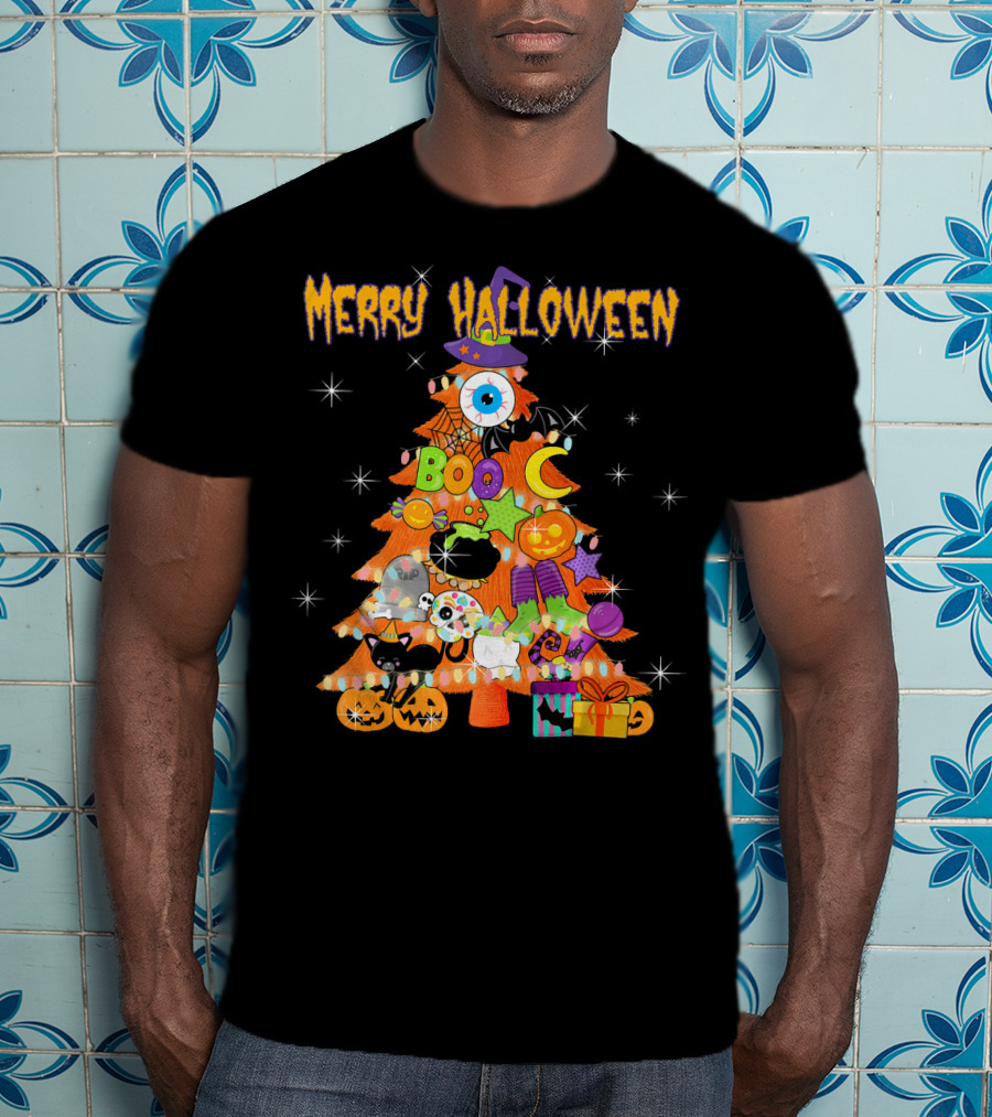 Merry Halloween Tree With Cute Boo Decorations And Spooky Elements T-Shirt