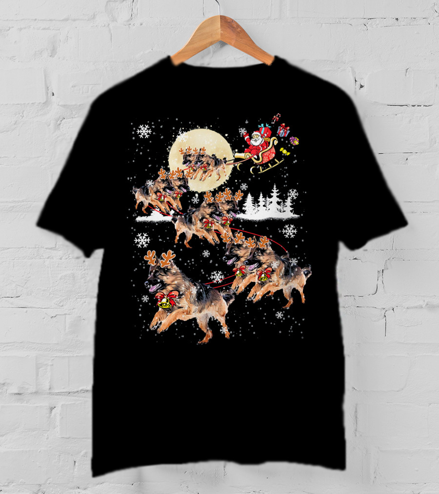 German Shepherd Dog Merry Santa Sleigh Christmas Snowflakes T-Shirt