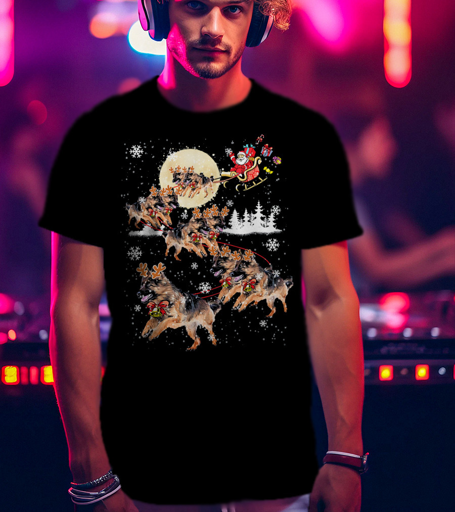 German Shepherd Dog Merry Santa Sleigh Christmas Snowflakes T-Shirt