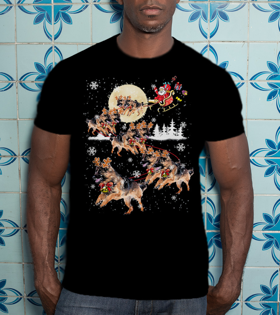 German Shepherd Dog Merry Santa Sleigh Christmas Snowflakes T-Shirt