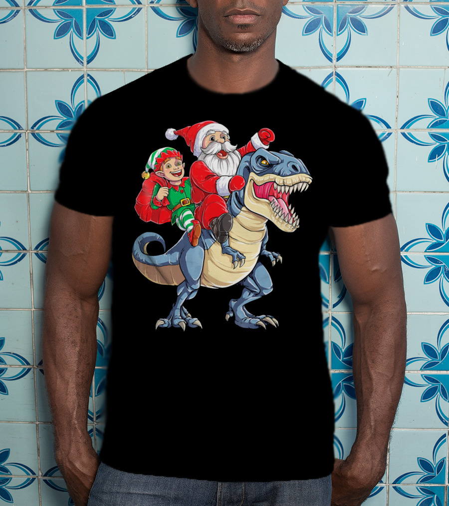 Santa Elf Riding Dinosaur Christmas Boys T-Shirt