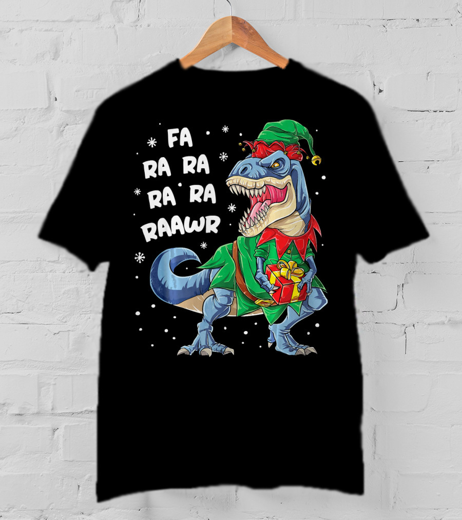 Fa Ra Ra Ra Ra Rawr Dinosaur Christmas Elf With Gift T-Shirt
