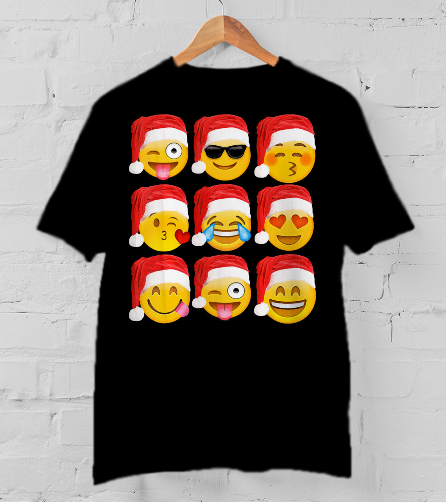 Emoji Christmas Santa Hats Heart Eyes Kiss Faces T-Shirt