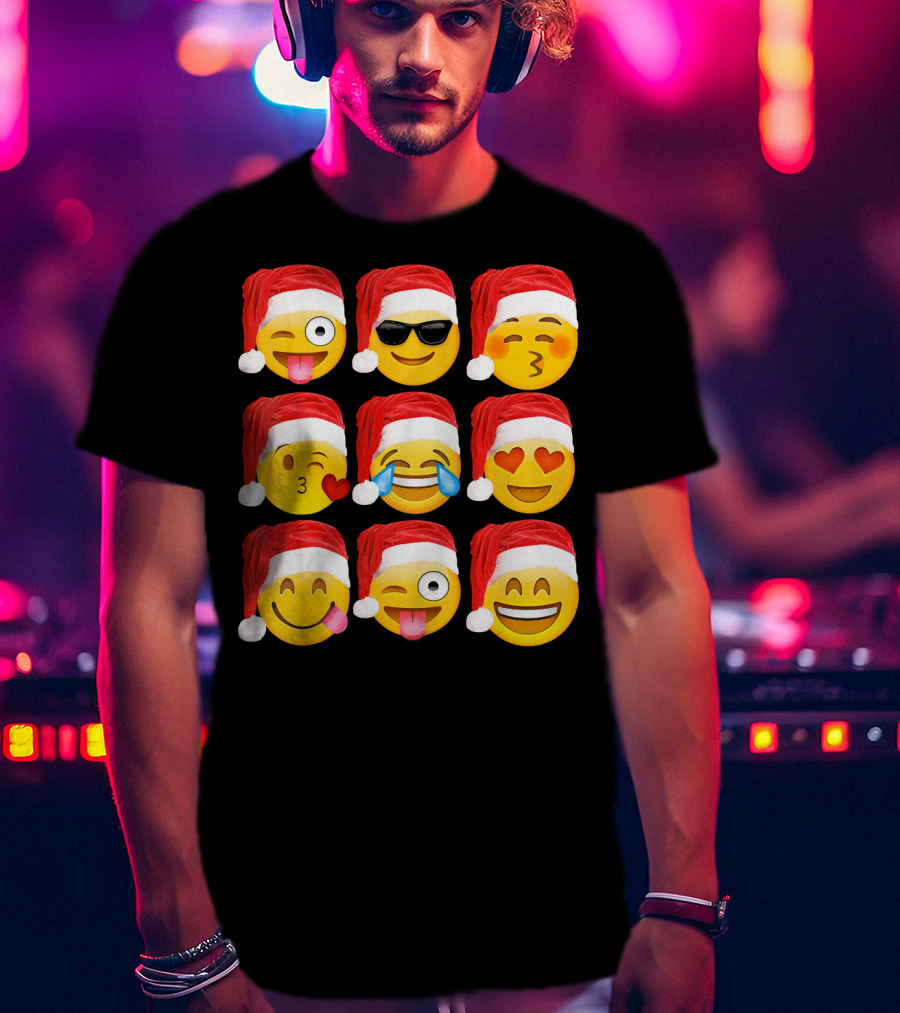 Emoji Christmas Santa Hats Heart Eyes Kiss Faces T-Shirt