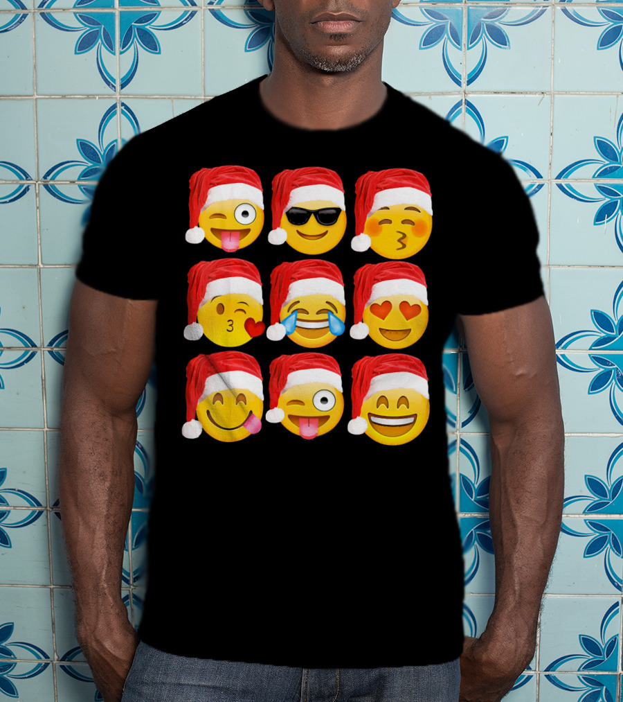 Emoji Christmas Santa Hats Heart Eyes Kiss Faces T-Shirt