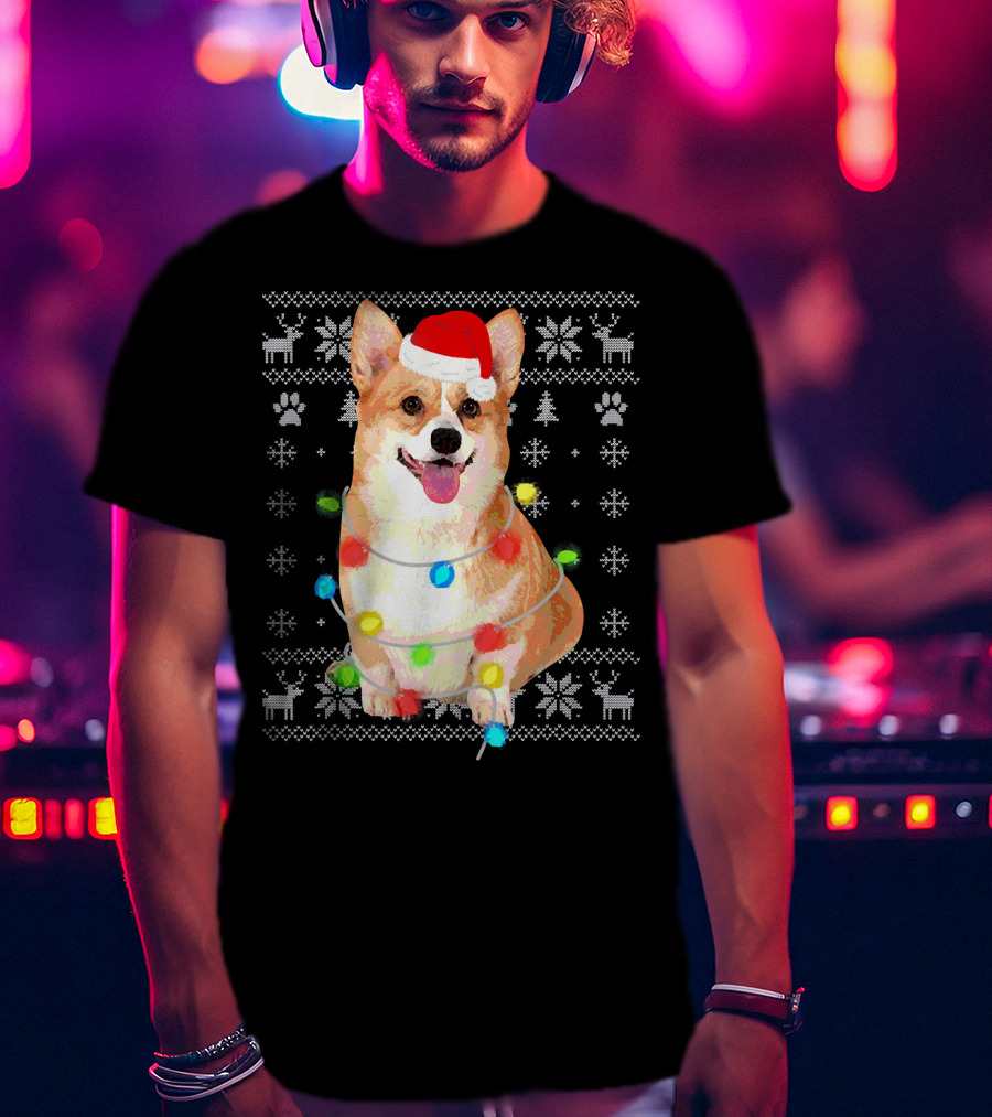 Corgi UglyStyle Christmas Lights Snowflakes Reindeer Dog T-Shirt