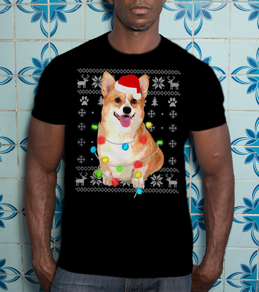 Corgi UglyStyle Christmas Lights Snowflakes Reindeer Dog T-Shirt