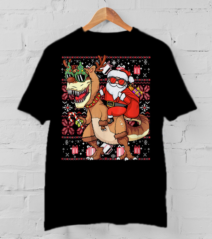 Santa Riding Trex Dinosaur Ugly Christmas T-Shirt