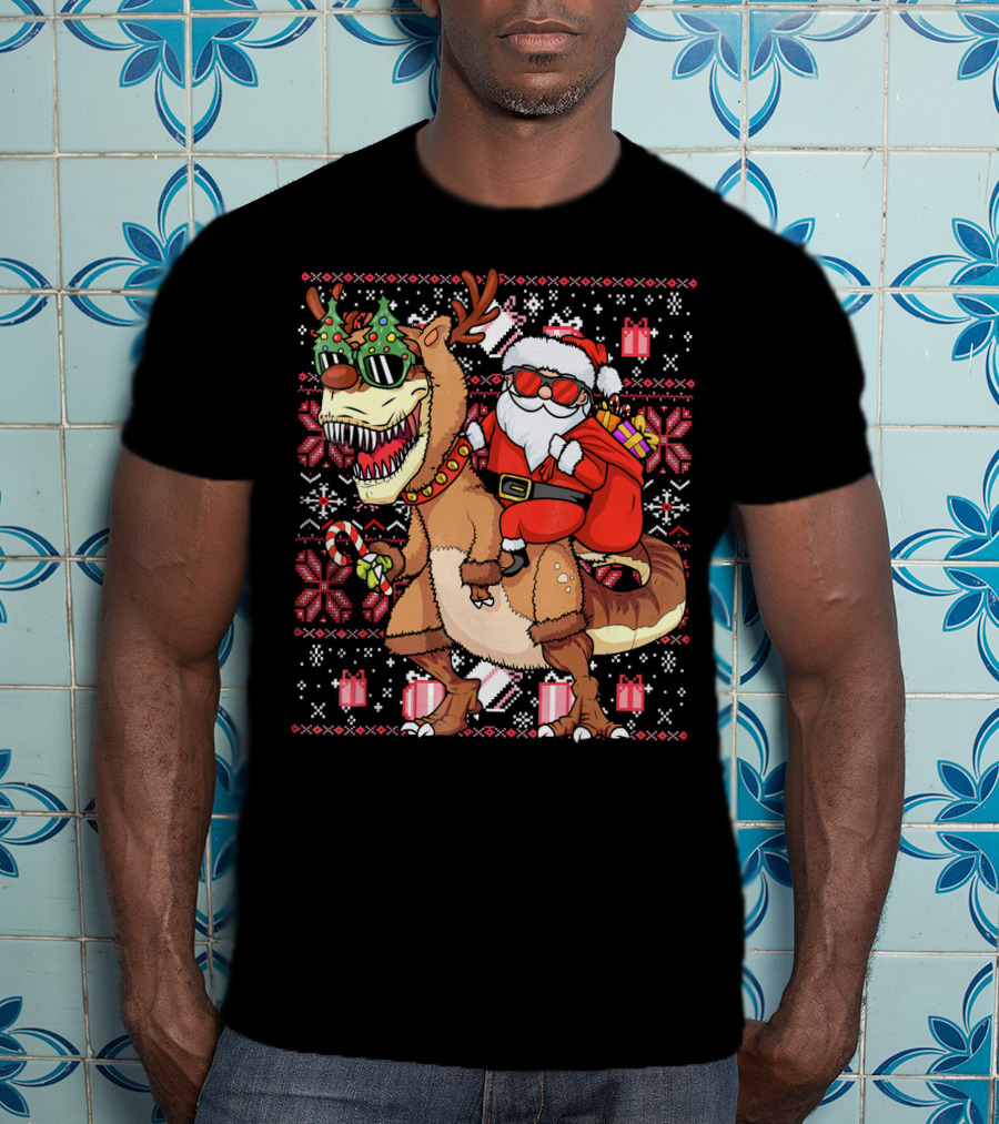 Santa Riding Trex Dinosaur Ugly Christmas T-Shirt