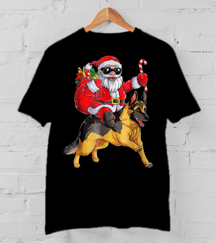 Santa Claus Riding German Shepherd With Candy Cane And Gifts T-Shirt