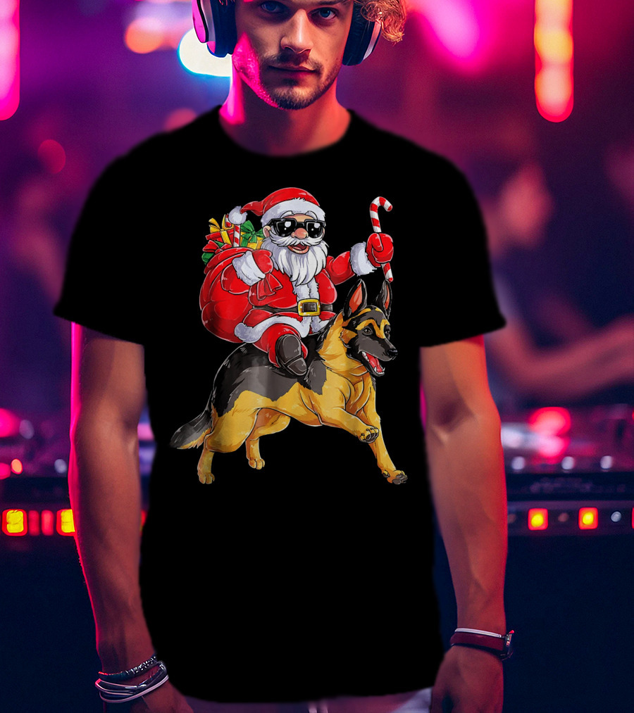 Santa Claus Riding German Shepherd With Candy Cane And Gifts T-Shirt