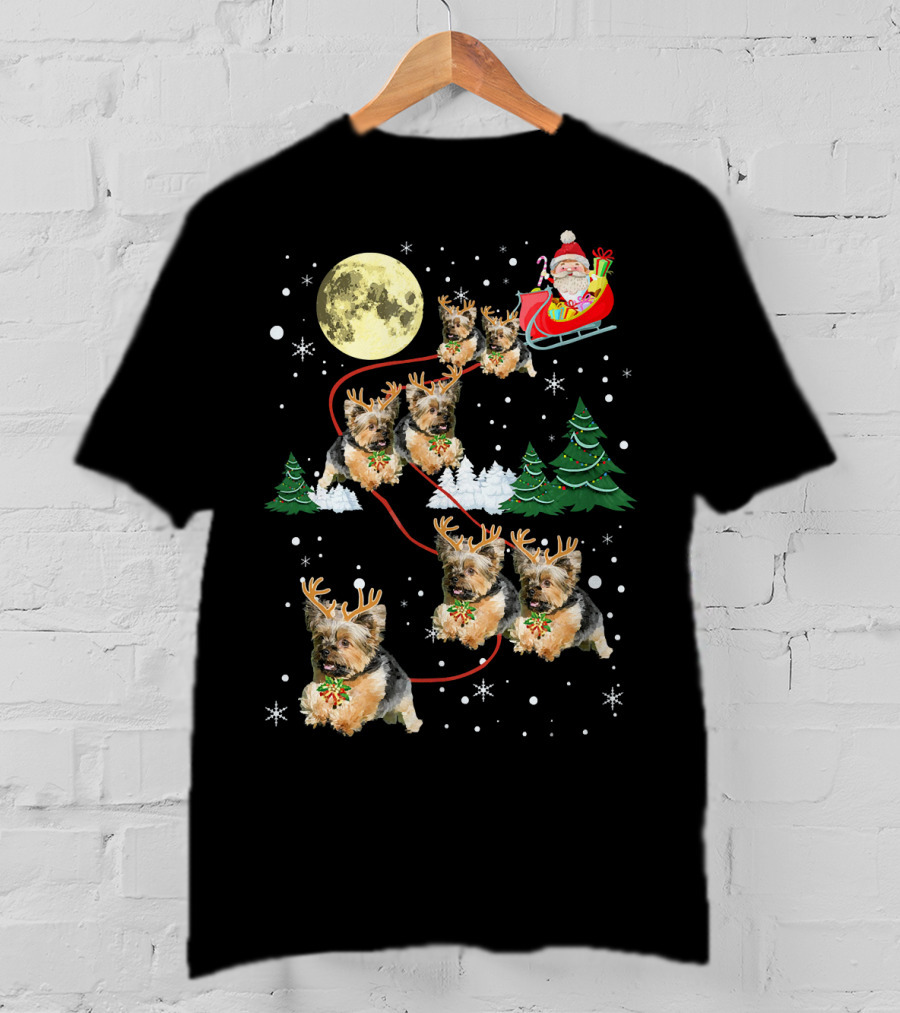 Funny Yorkie Christmas Santa Sleigh With Reindeer Puppies T-Shirt