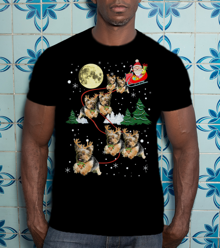 Funny Yorkie Christmas Santa Sleigh With Reindeer Puppies T-Shirt