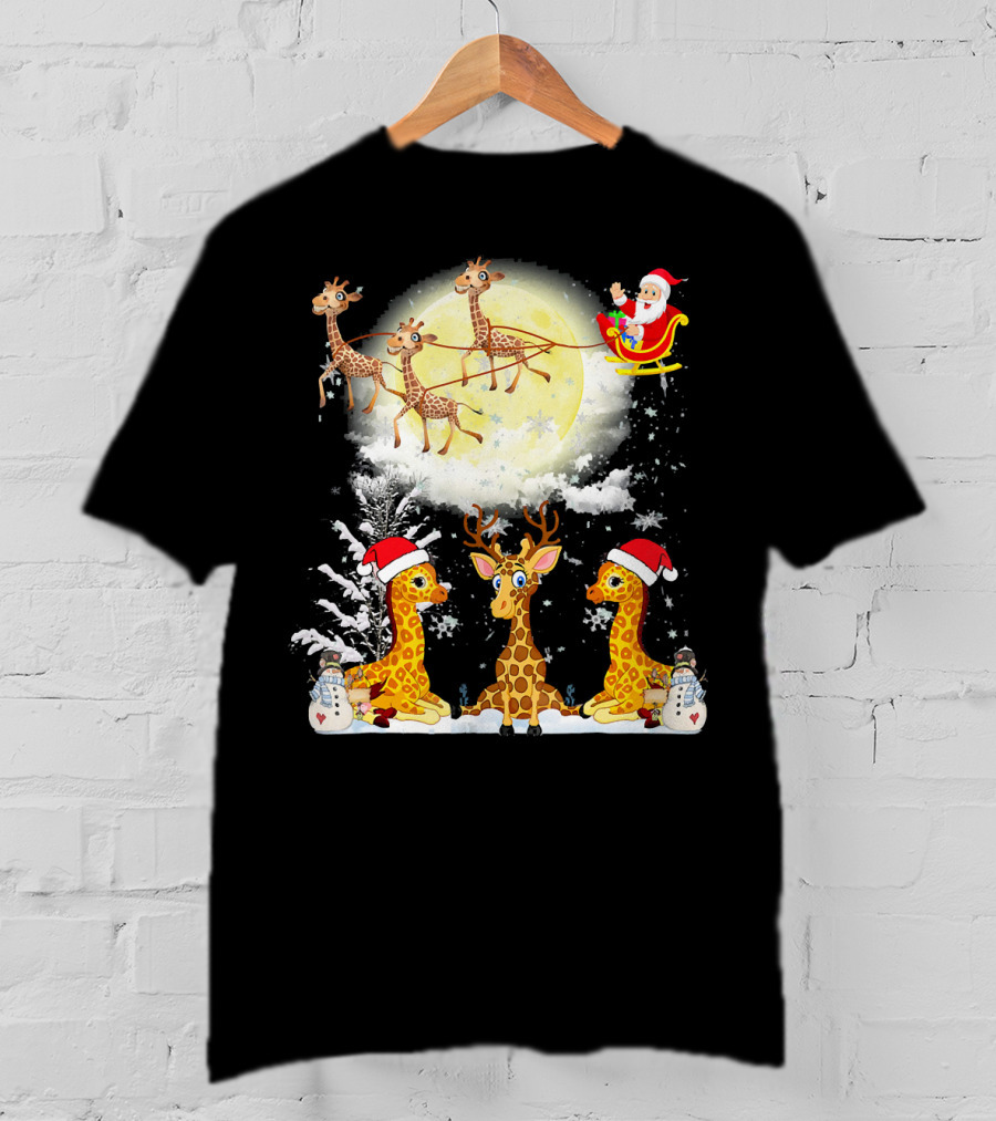 Santa's Sleigh Giraffes Christmas Moon Snowy Night Scene T-Shirt