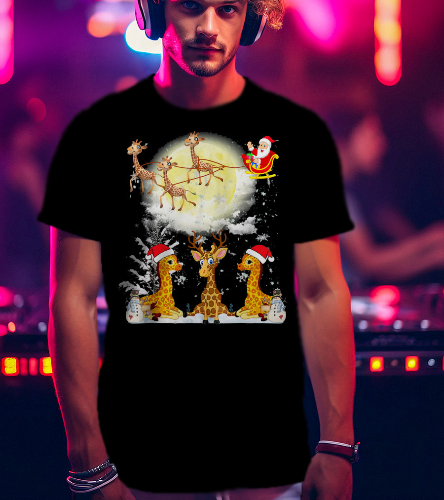 Santa's Sleigh Giraffes Christmas Moon Snowy Night Scene T-Shirt