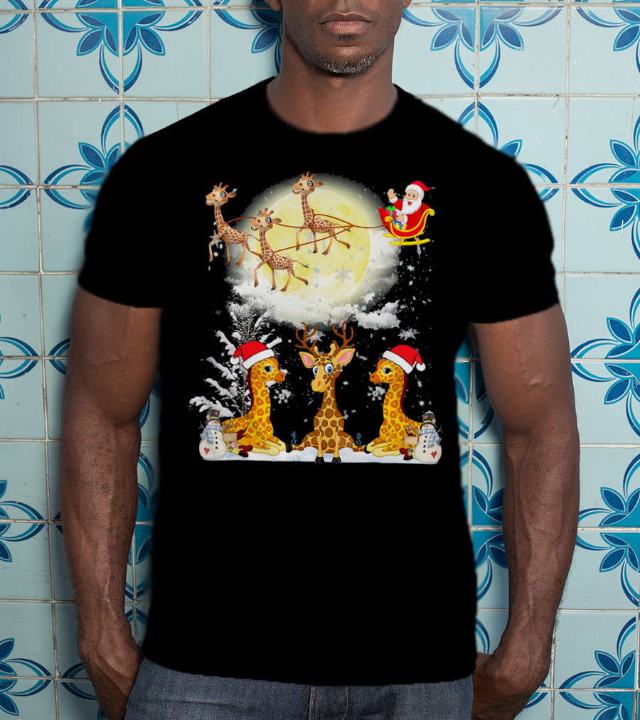Santa's Sleigh Giraffes Christmas Moon Snowy Night Scene T-Shirt