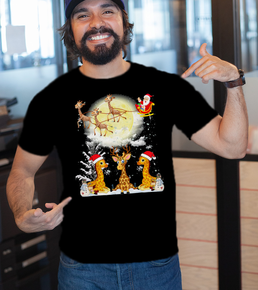 Santa's Sleigh Giraffes Christmas Moon Snowy Night Scene T-Shirt