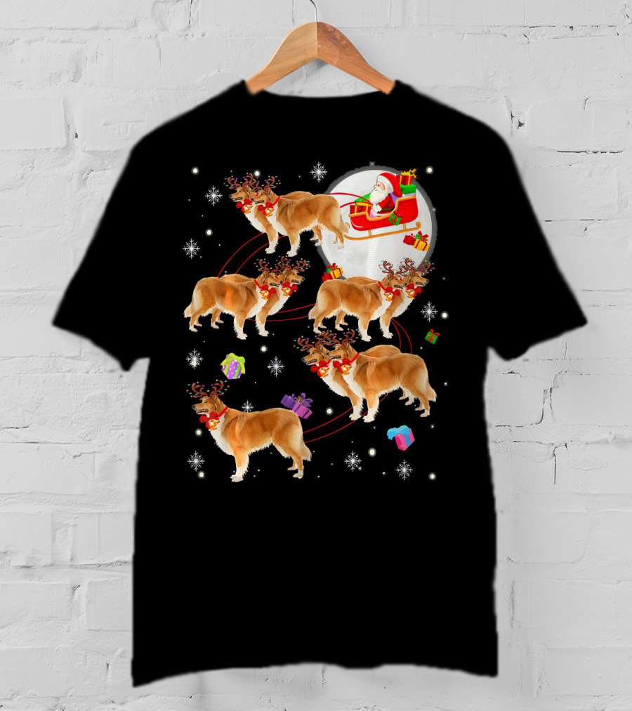 Rough Collie Reindeer Christmas Santa Sleigh Presents Snowflakes T-Shirt