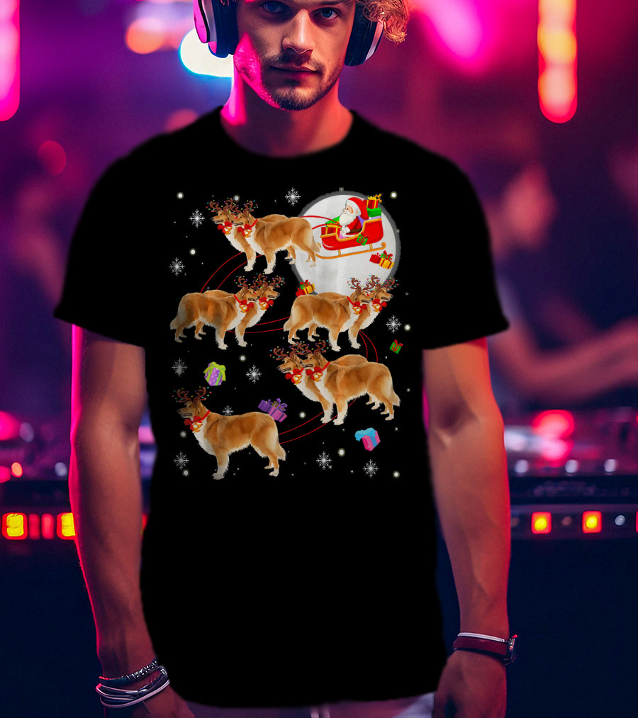 Rough Collie Reindeer Christmas Santa Sleigh Presents Snowflakes T-Shirt