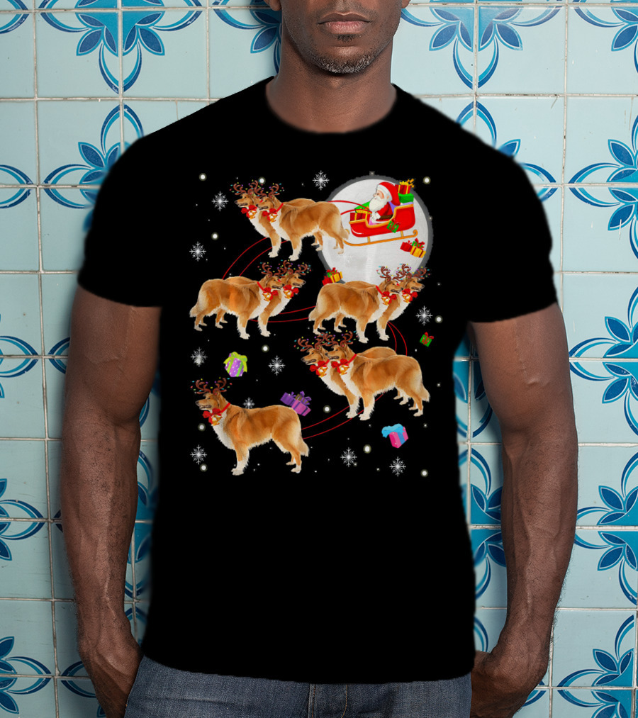 Rough Collie Reindeer Christmas Santa Sleigh Presents Snowflakes T-Shirt
