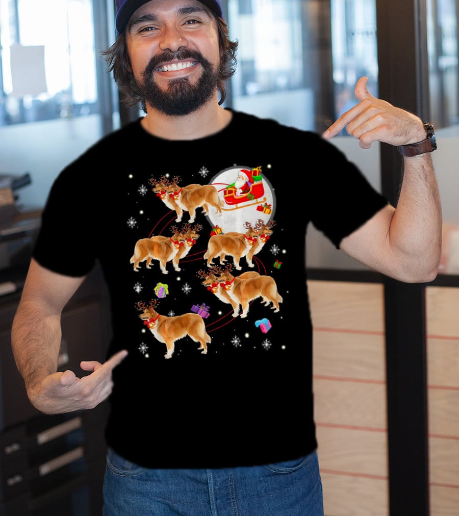 Rough Collie Reindeer Christmas Santa Sleigh Presents Snowflakes T-Shirt