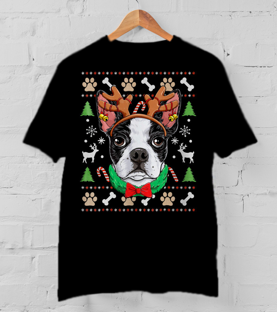 Boston Terrier Christmas Reindeer Antlers Candy Canes Snowflakes Paw Prints T-Shirt