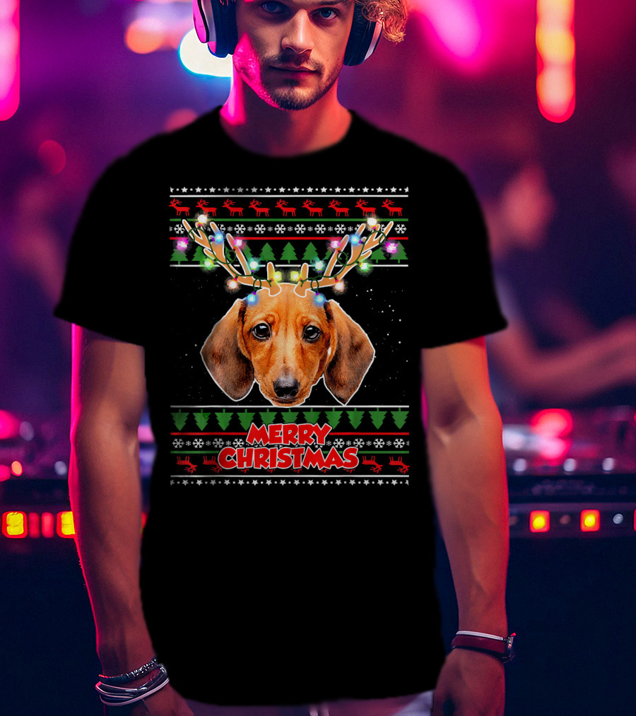 Merry Christmas Dachshund With Antler Ugly T-Shirt