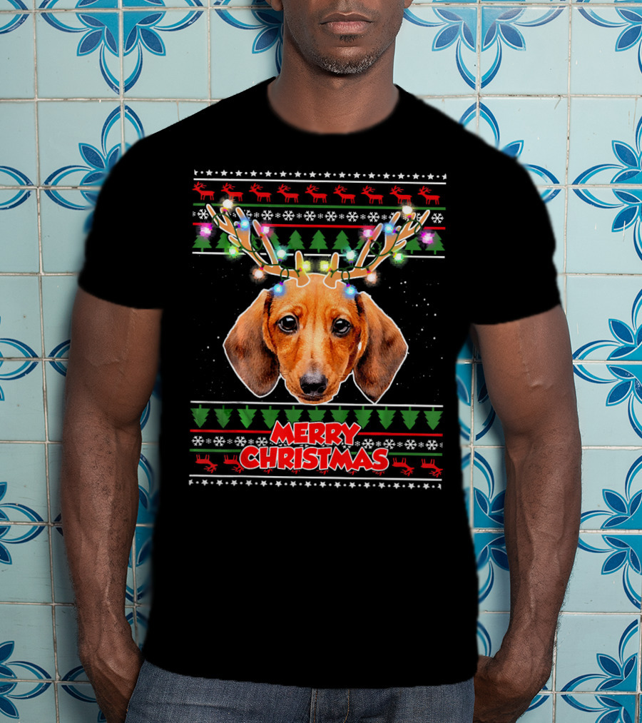 Merry Christmas Dachshund With Antler Ugly T-Shirt