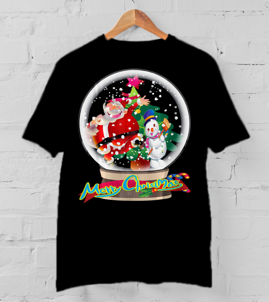 Merry Christmas Snow Globe Santa And Snowman Fun T-Shirt