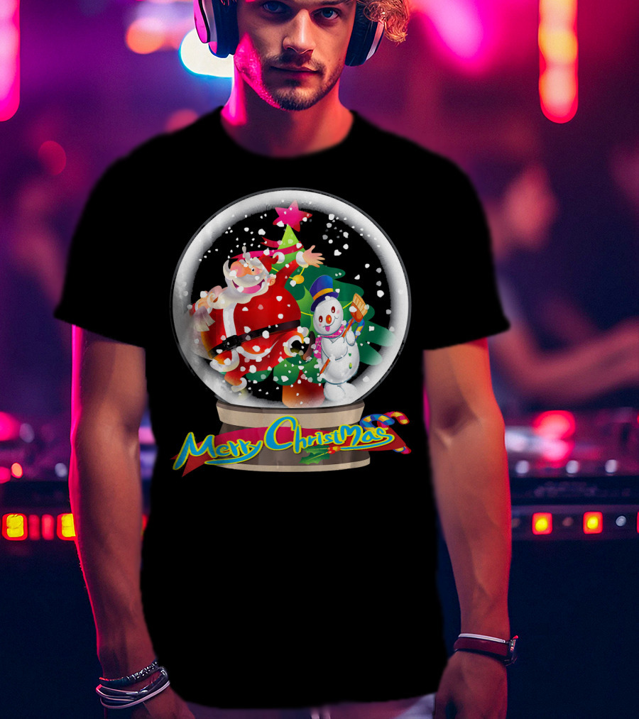 Merry Christmas Snow Globe Santa And Snowman Fun T-Shirt