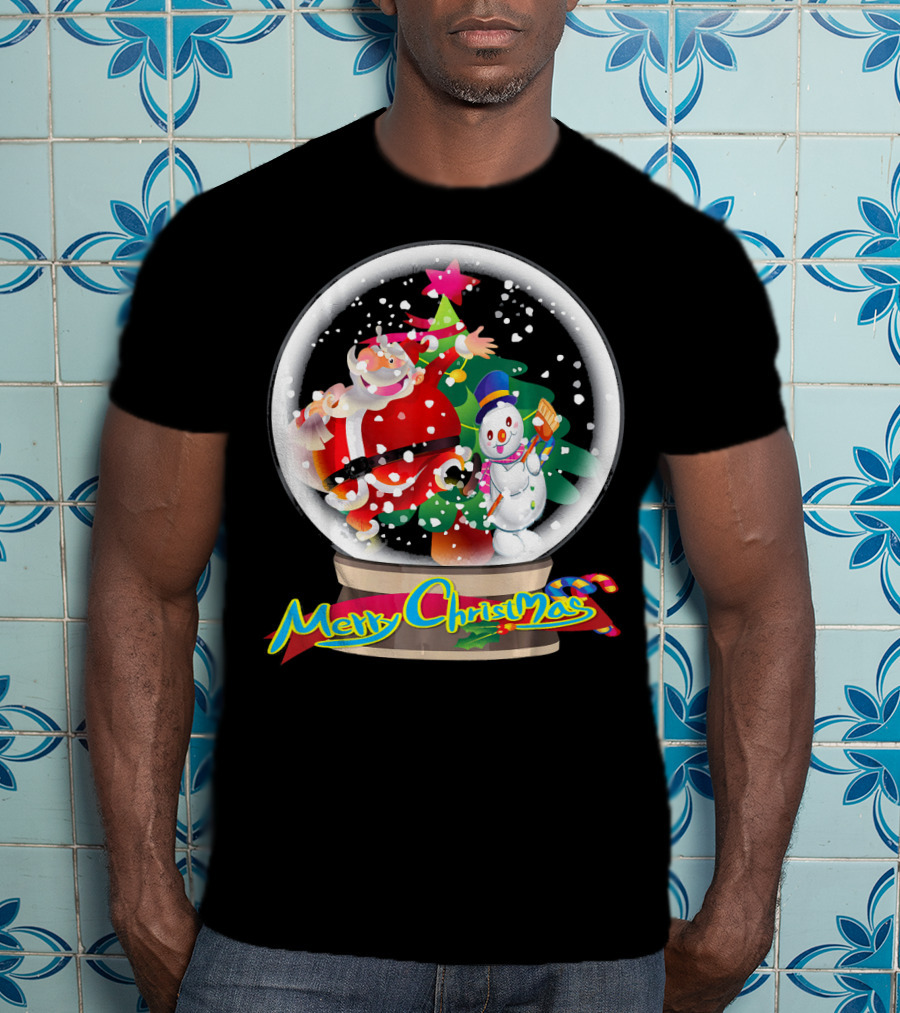 Merry Christmas Snow Globe Santa And Snowman Fun T-Shirt