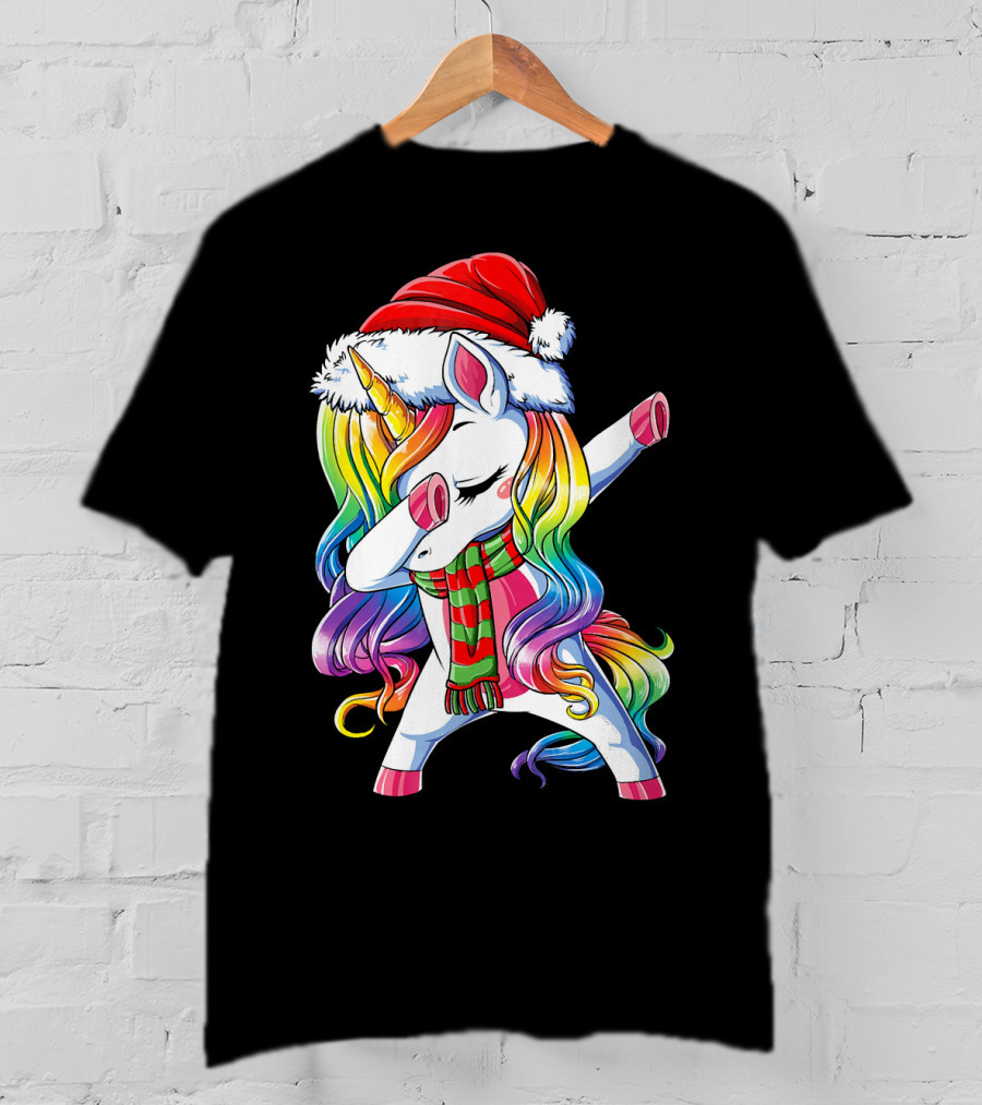 Dabbing Unicorn In Santa Hat With Rainbow Mane And Scarf For Christmas Girls T-Shirt