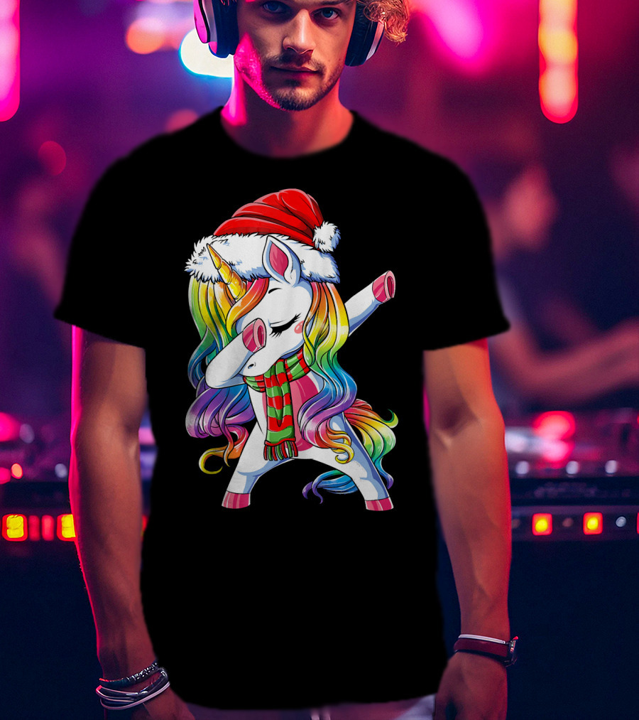 Dabbing Unicorn In Santa Hat With Rainbow Mane And Scarf For Christmas Girls T-Shirt
